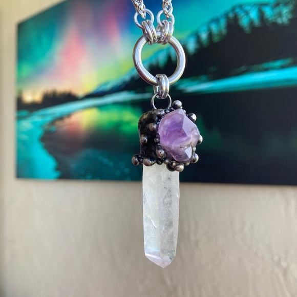 Natural raw purple amethyst &  crystal quartz gemstone boho charm necklace - Picture 15 of 16